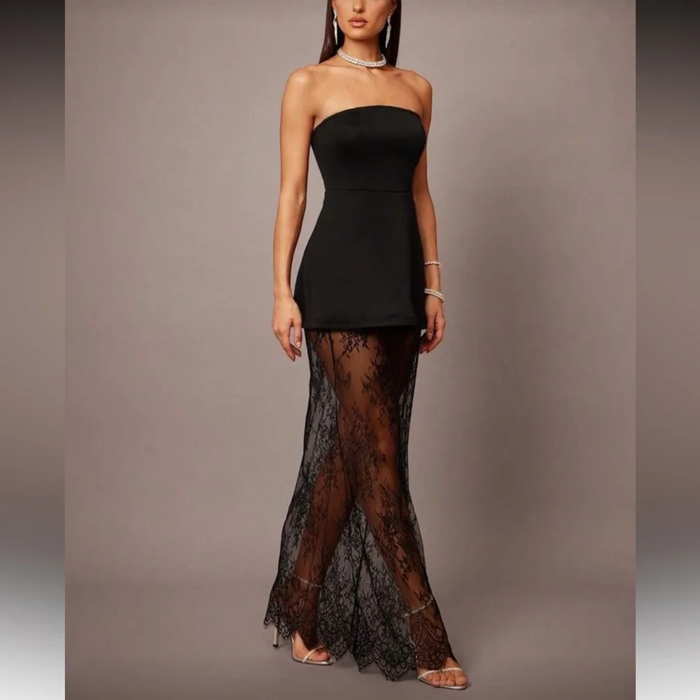 Black strapless tube top & maxi lace sheer skirt set dress - Picture 1 of 6